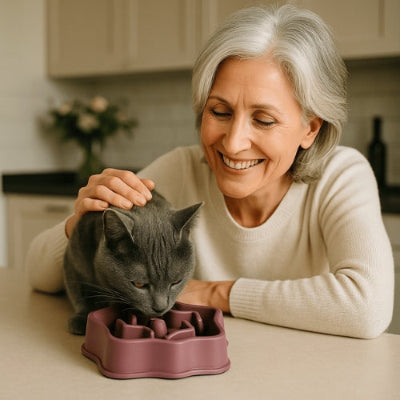 chartreux-buvant-dans-sa-gamelle-anti-glouton-avec-sa-maitresse-mature-et-souriante